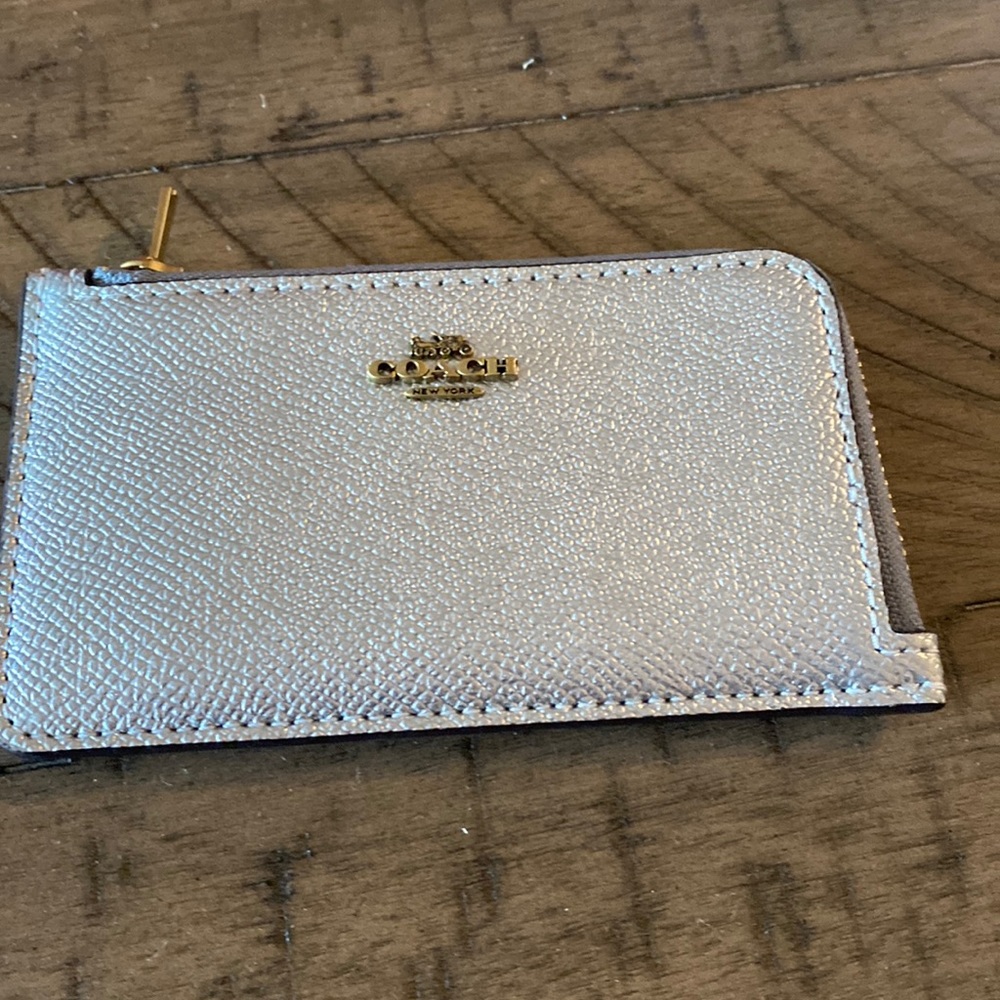 Coach Metallic Silver Card Case Wallet with Gold Logo